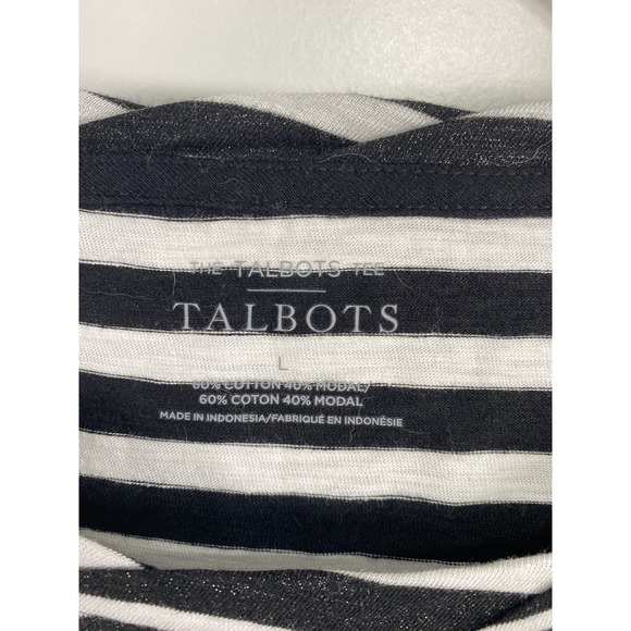 Talbots Shirt Womens Large Black White Striped Ruffle Sleeve Metallic Tee Top - Picture 2 of 12